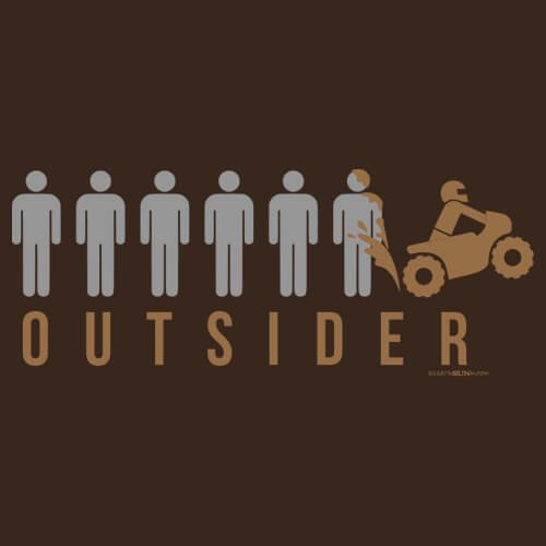 Illustration of people with a person on an ATV and the word 'OUTSIDER' on a brown background