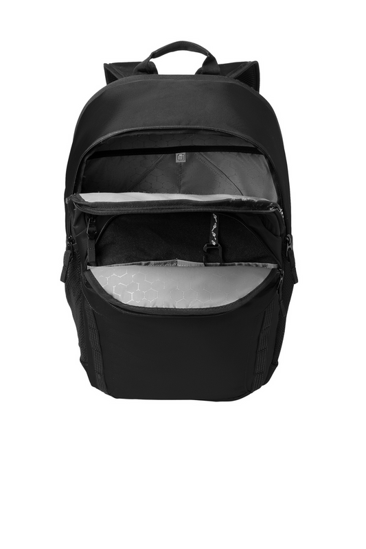 Black backpack with two open compartments