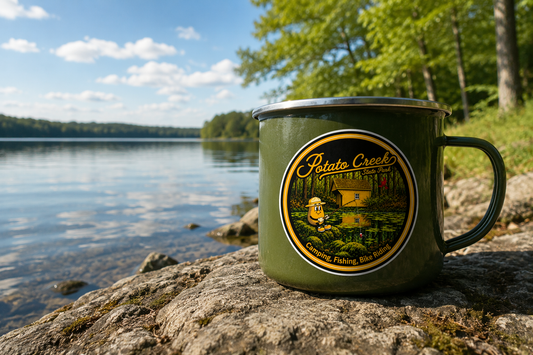 Outdoor mockup of a Potato Creek State Park sticker on a green enamel mug beside a lake