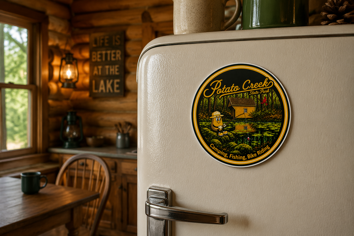 Round Potato Creek State Park magnet on a vintage cabin refrigerator with wood interior in the background.
