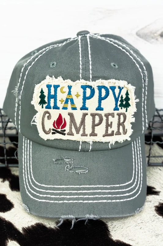 Distressed grey cap with 'Happy Camper' text and camp graphics on a patch