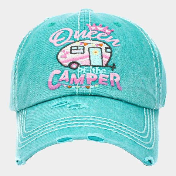Turquoise cap with 'Queen of the Camper' text and caravan design on a white background