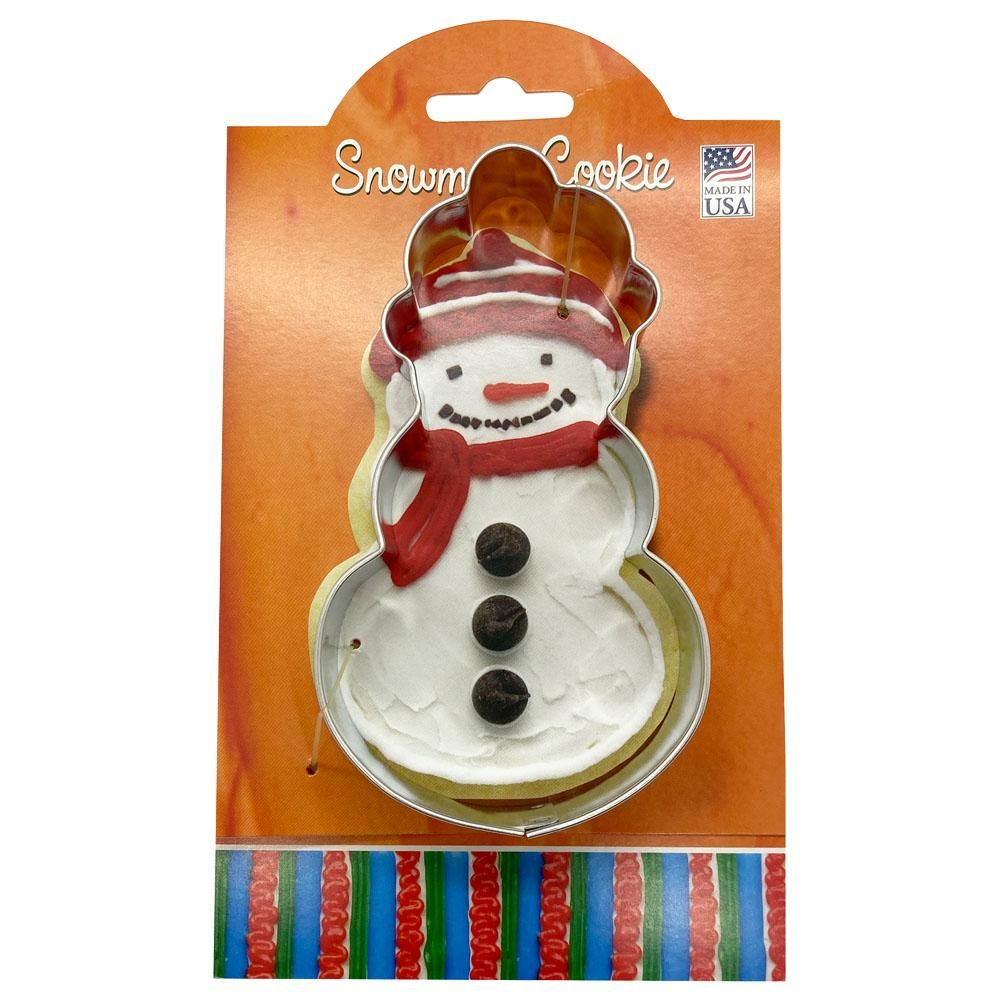 Snowman cookie cutter with packaging on a white background