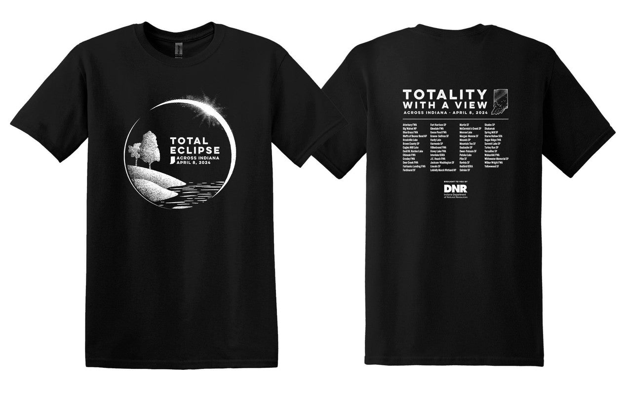 Black t-shirt with eclipse design on front and text on back, on a white background