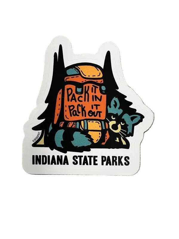 Sticker with a raccoon and a backpack with 'Pack it in; pack it out' text