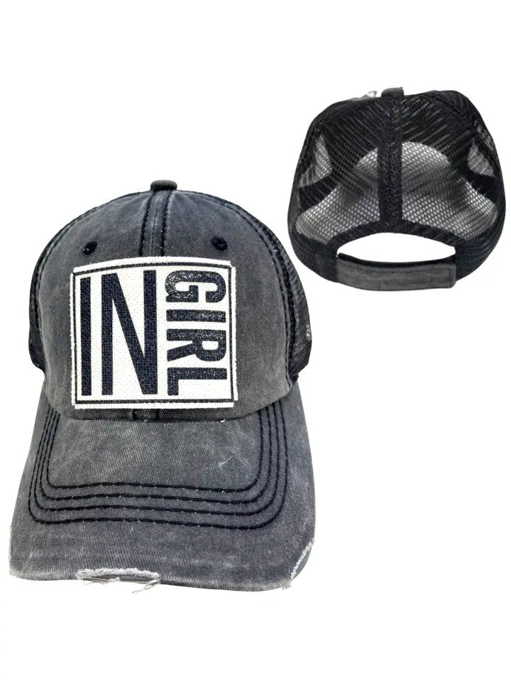 Gray trucker cap with 'IN GIRL' logo on a white background