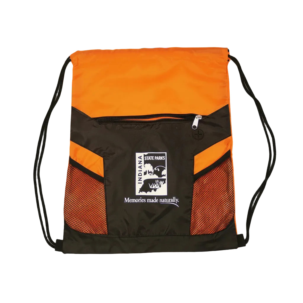 Orange and black drawstring bag with Indiana State Parks logo on a white background