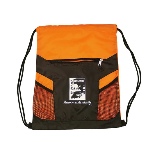 Orange and black drawstring bag with Indiana State Parks logo on a white background