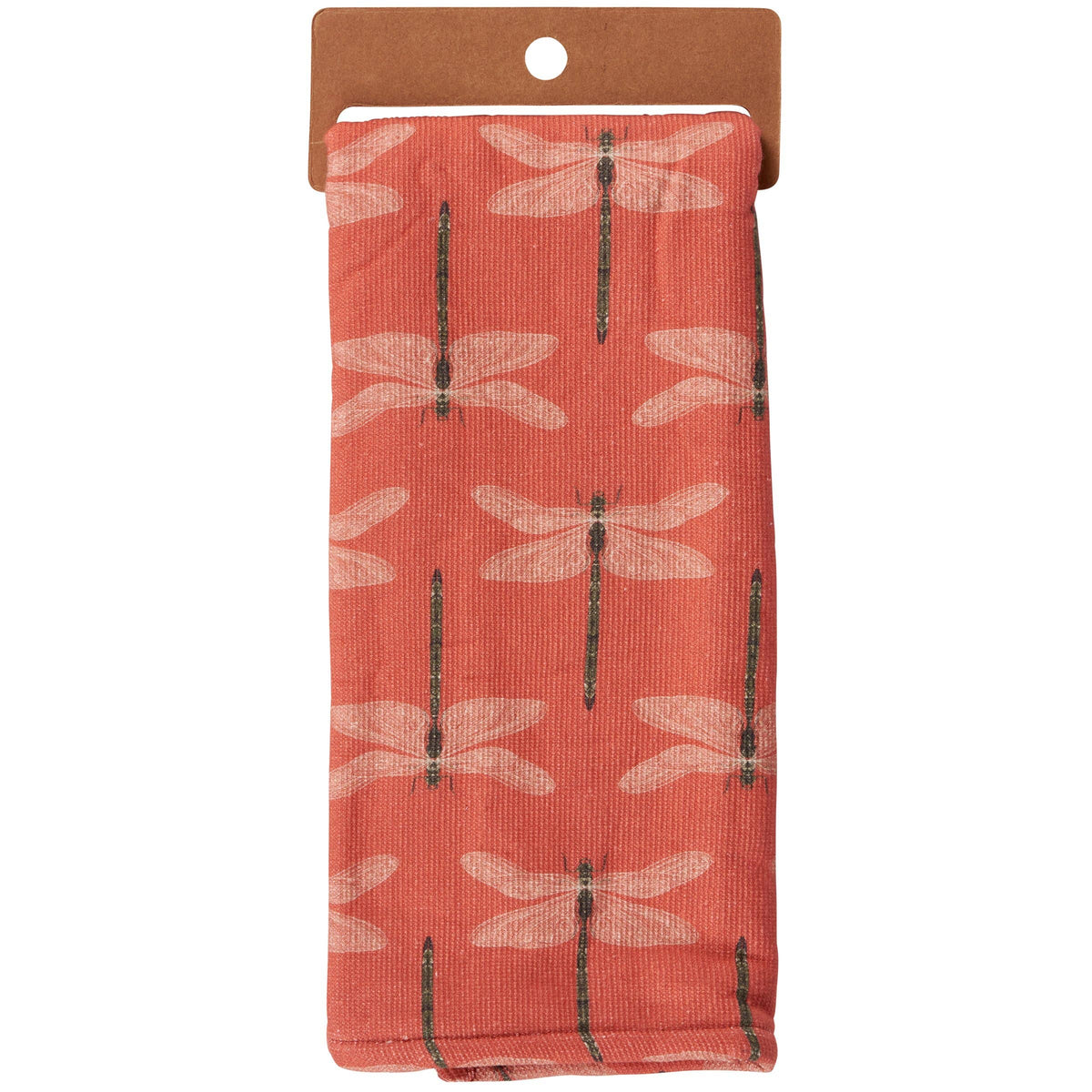 Folded red fabric with dragonfly pattern on a white background