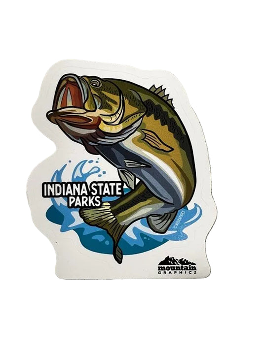 Sticker of a largemouth bass jumping out of water and 'Indiana State Parks' text