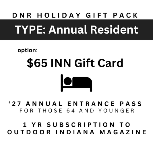 Image for a DNR State Park inns holiday gift pack with a $65.00 gift card, a 2027 State Parks Annual Entrance Pass, and a 1 year subscription to the Outdoor Indiana magazine with the image of a bed.
