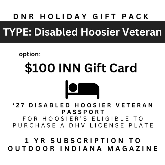 Image for a DNR State Park inns holiday gift pack with a $100.00 gift card, a 2027 State Parks Disabled Hoosier Veteran Annual Entrance Pass for Hoosier's eligible to purchase a DHV license plate, and a 1 year subscription to the Outdoor Indiana magazine with the image of a bed.