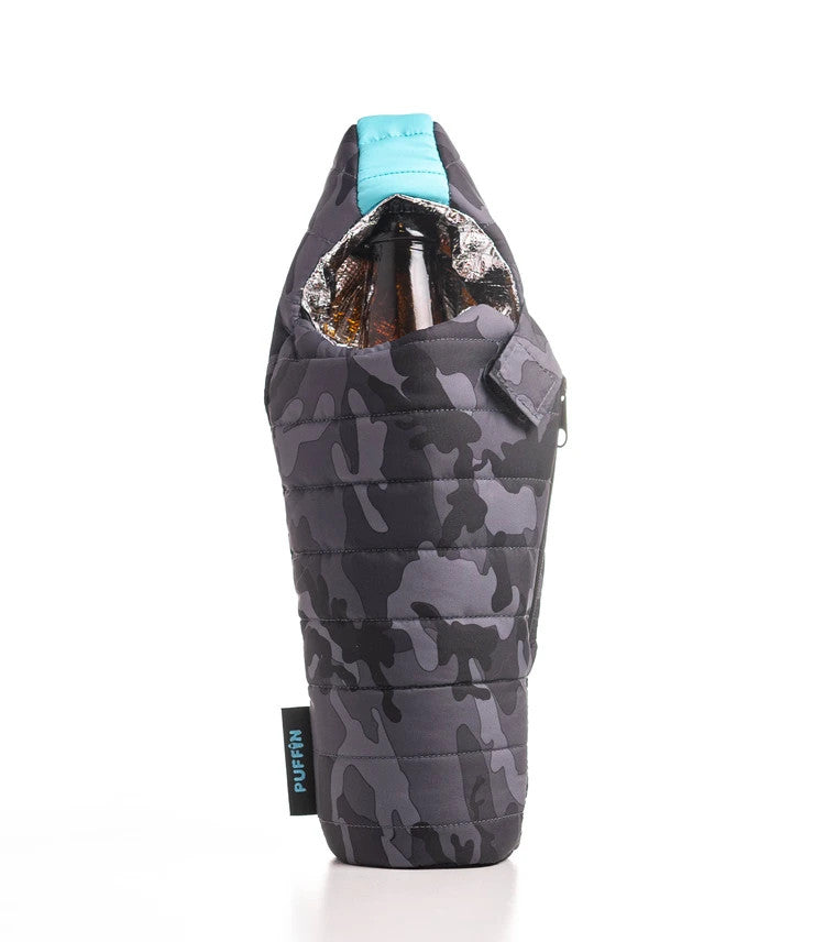 Camouflage-patterned bottle holder with a blue top on a white background