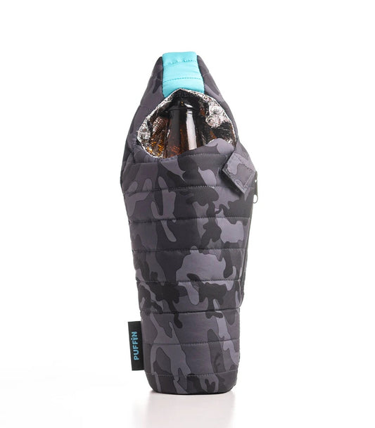 Camouflage-patterned bottle holder with a blue top on a white background