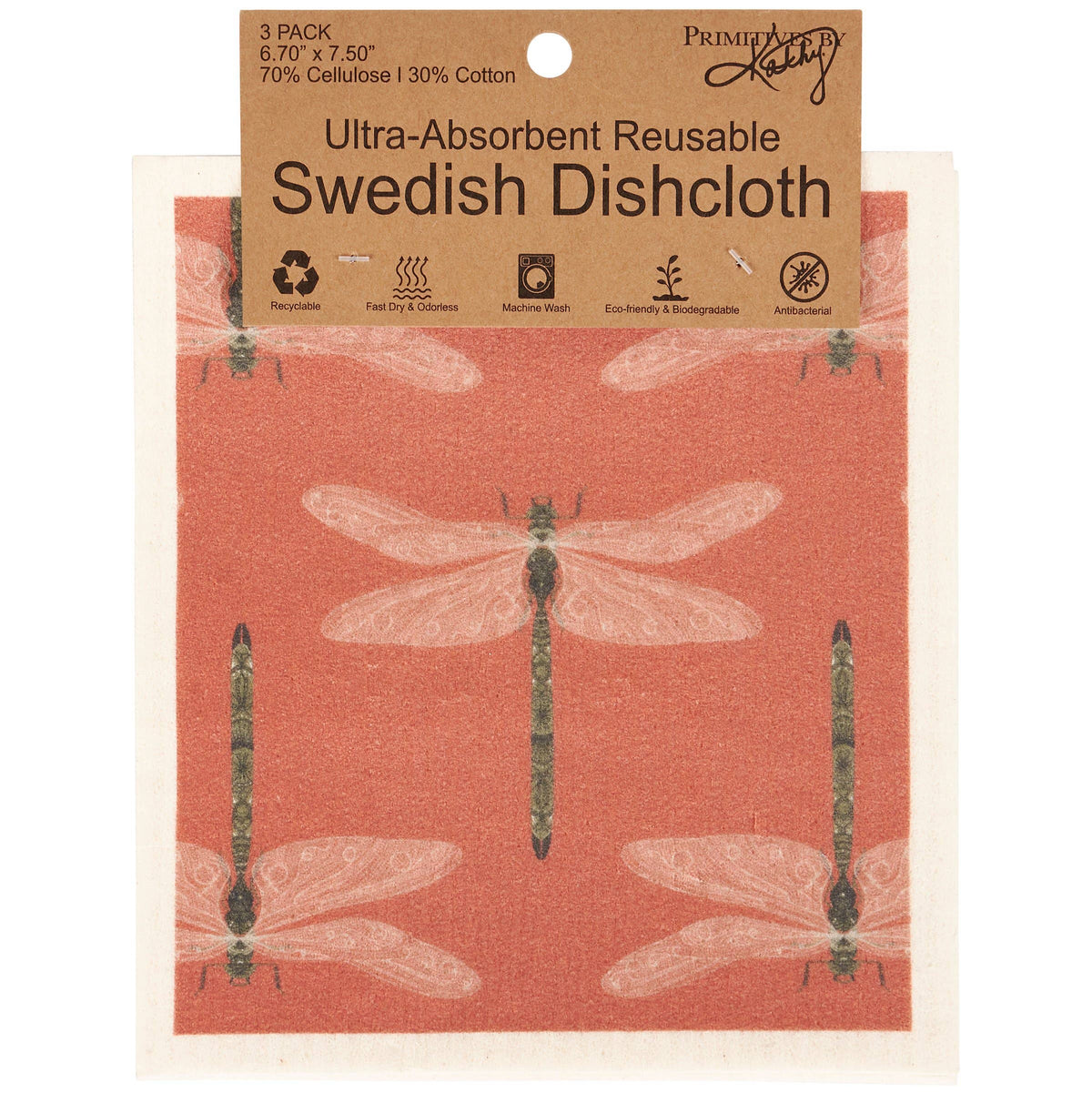Pack of Ultra-Absorbent Reusable Swedish Dishcloth with dragonfly design on a red background