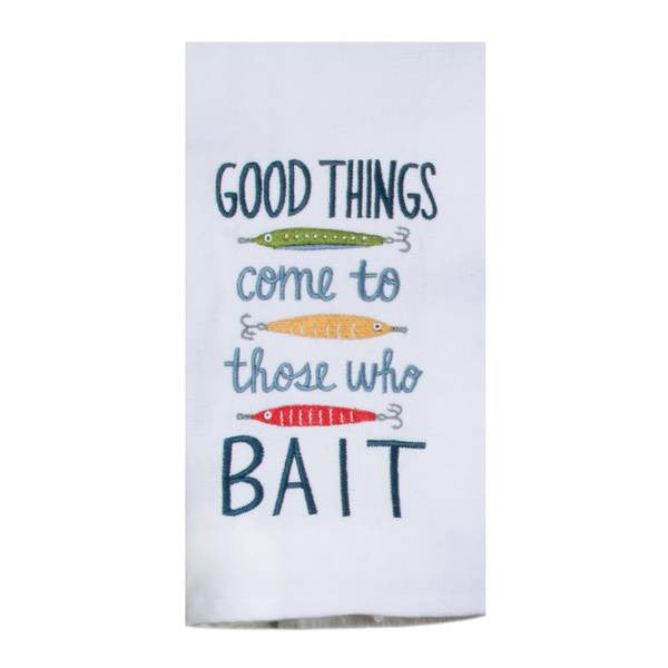 Tea towel with fishing lure illustrations and text on a white background