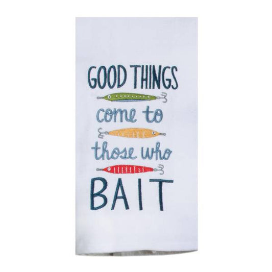 Tea towel with fishing lure illustrations and text on a white background
