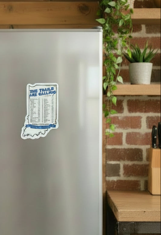 Indiana-shaped magnet with text about Indiana State Parks on a white background
