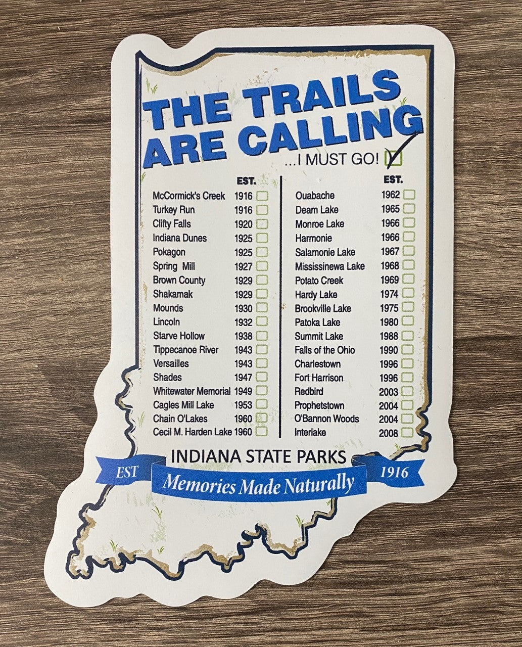 Indiana-shaped magnet with text about Indiana State Parks on a white background