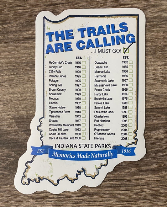 Indiana-shaped magnet with text about Indiana State Parks on a white background