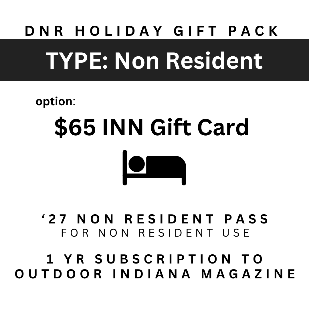 Image for a DNR inns holiday gift pack with a $65.00 gift card, a 2027 State Parks Non-Resident Annual Entrance Pass, and a 1 year subscription to the Outdoor Indiana magazine with the image of a bed.