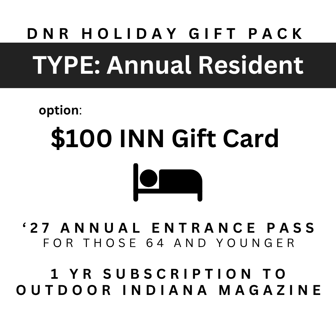 Image for a DNR State Park inns holiday gift pack with a $100.00 gift card, a 2027 State Parks Annual Entrance Pass, and a 1 year subscription to the Outdoor Indiana magazine with the image of a bed.