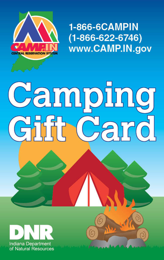 Camping gift card with tent, trees, and fire design on a blue background