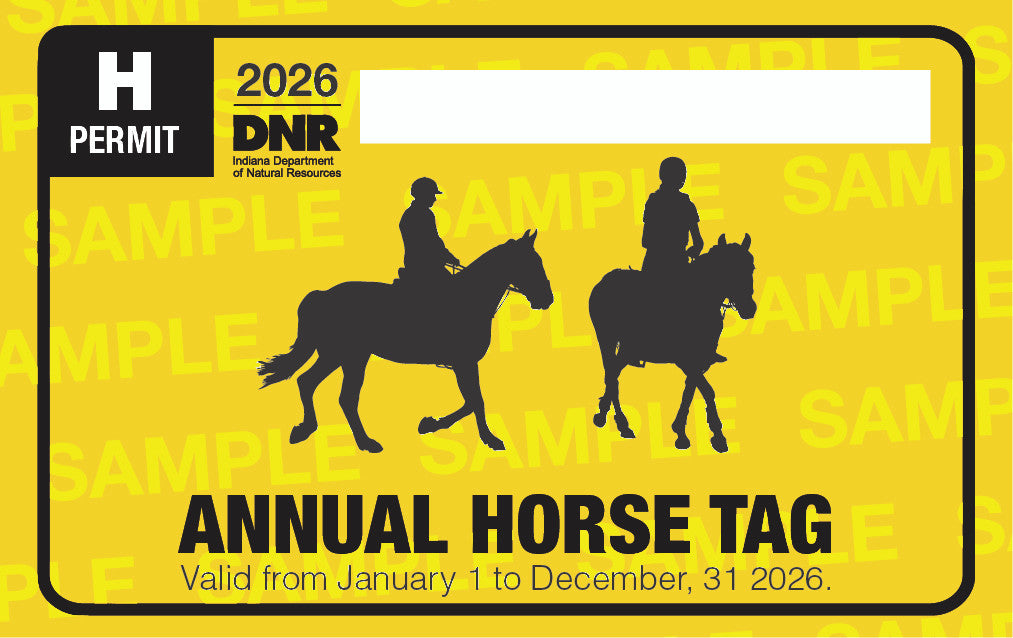 2026 DNR Annual Horse Tag with two horses and riders on a yellow background