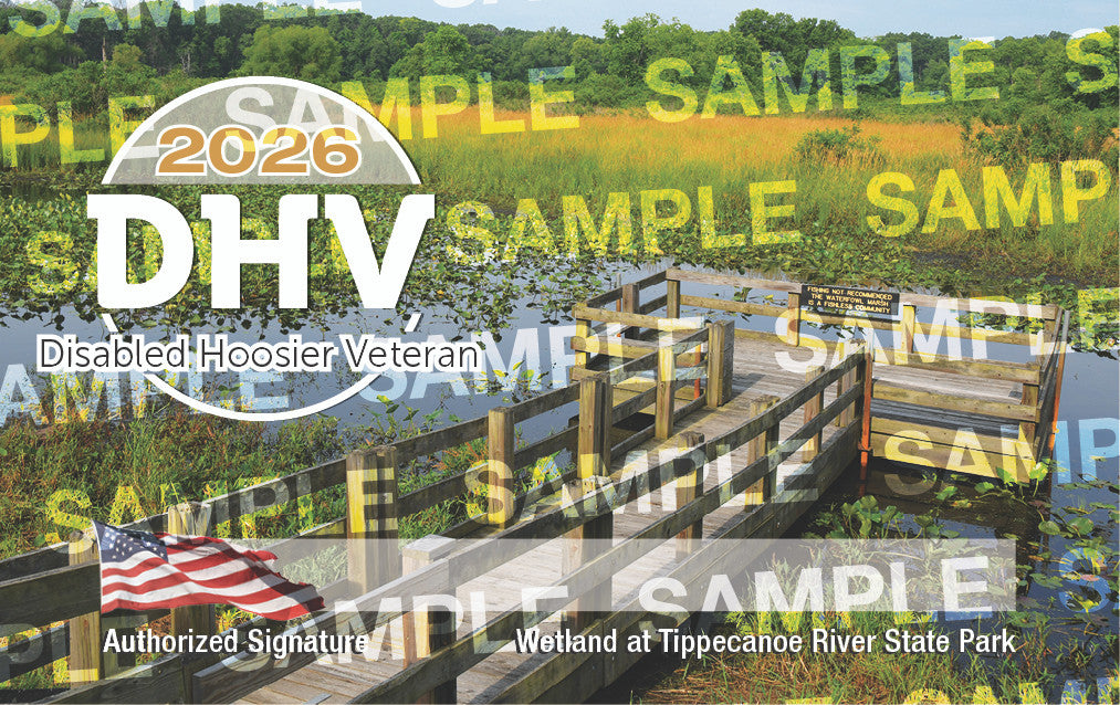 Disabled Hoosier Veteran 2026 event poster with a wetland and wooden dock in the background.