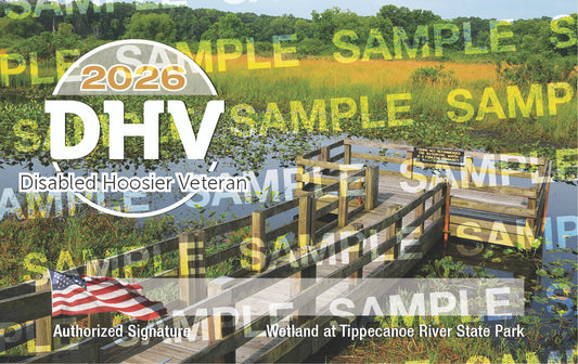 Disabled Hoosier Veteran 2026 event poster with a wetland and wooden dock in the background.