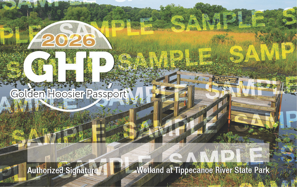 2026 Golden Hooster Passport with a wetland at Tippecanoe River State Park, featuring 'SAMPLE' text overlay.