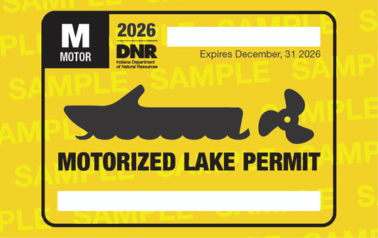 Motorized lake permit with Indiana Department of Natural Resources logo on a yellow background