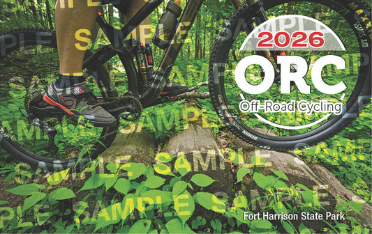 Person riding a bike on a trail with '2026 ORC Off-Road Cycling' text overlay