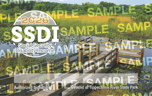 Promotional poster for SSDI Social Security Disability Income with a nature scene and dock.