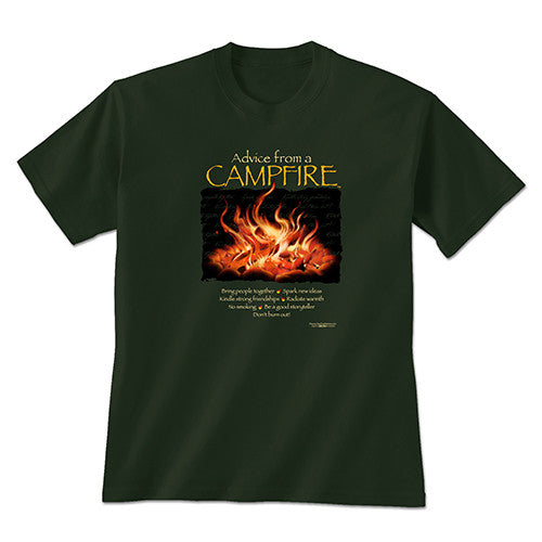 Dark green t-shirt with a graphic of flames and yellow text saying 'Advice from a Campfire' on a black background