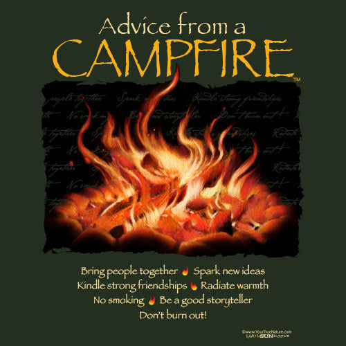 Illustration of a campfire with yellow text about advice from a campfire on a dark background.