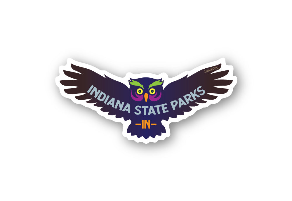 Sticker of a flying owl with 'Indiana State Parks' text
