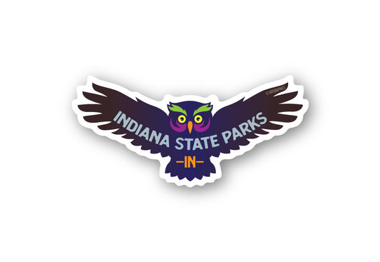 Sticker of a flying owl with 'Indiana State Parks' text