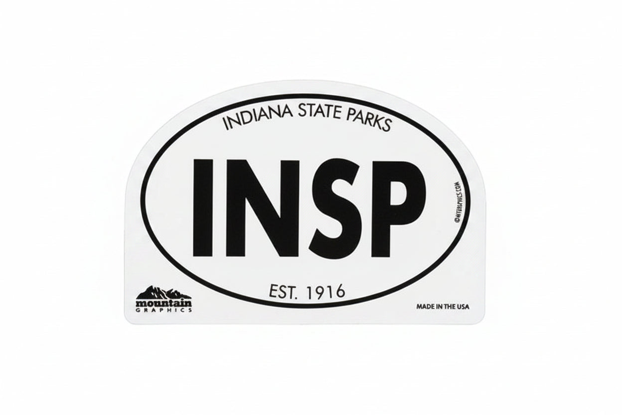 Indiana State Parks bumper sticker with 'INSP' and 'established 1916' text