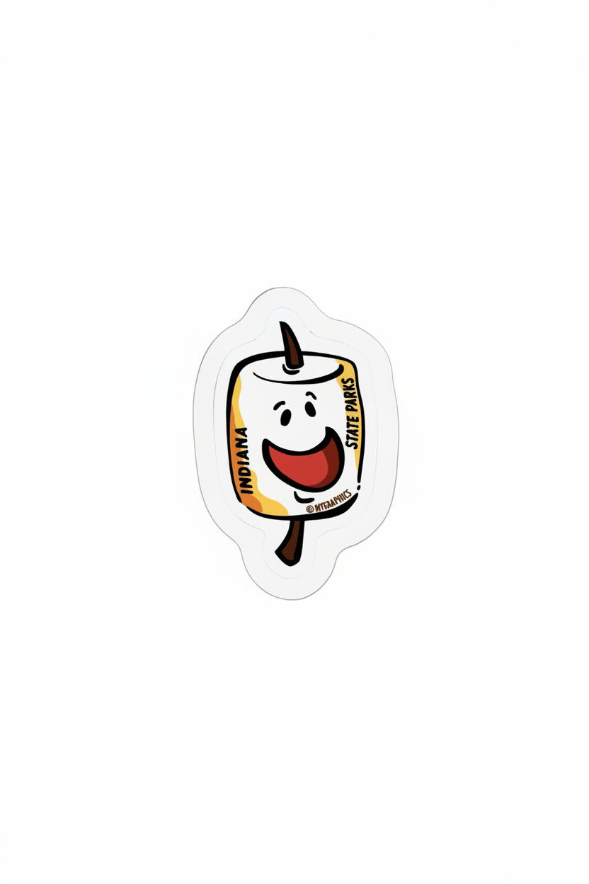 Sticker of a roasted marshmallow character with 'Indiana State Parks' text