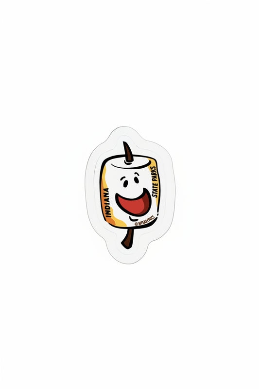 Sticker of a roasted marshmallow character with 'Indiana State Parks' text