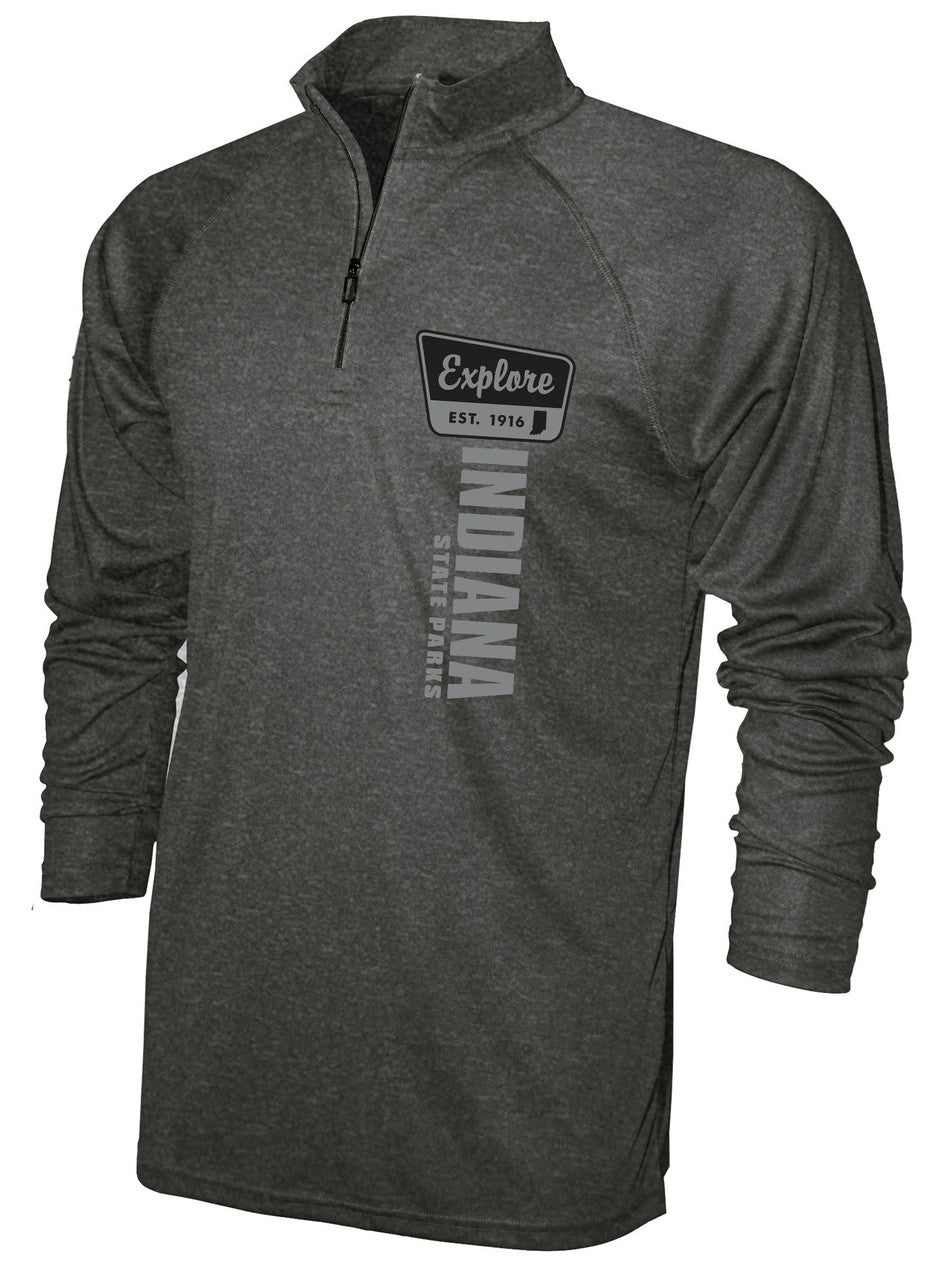 Gray long-sleeve shirt with 'Explore Indiana' logo on a white background