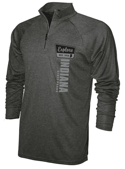 Gray long-sleeve shirt with 'Explore Indiana' logo on a white background