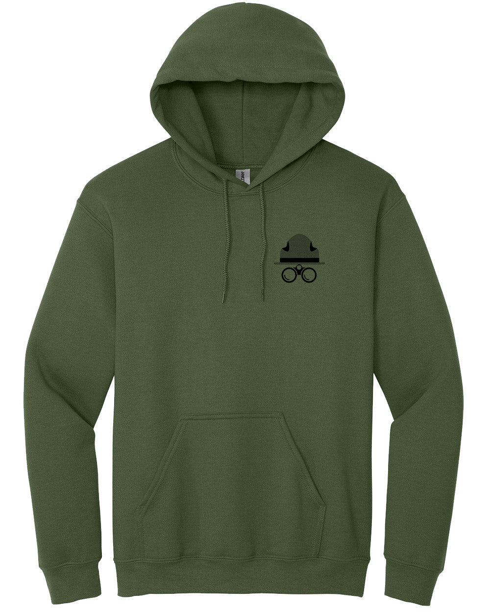 Green hoodie with a small black logo on the chest against a white background