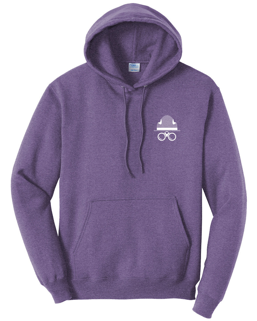Purple hoodie with a logo on the chest against a white background