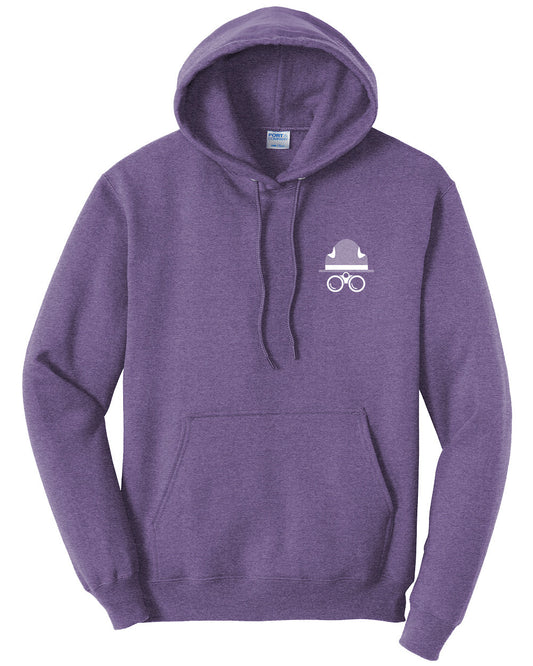 Purple hoodie with a logo on the chest against a white background