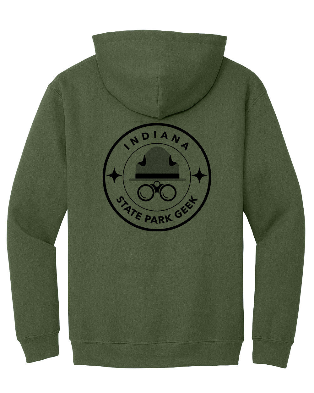 Green hoodie with 'Indiana State Park Geek' logo on the back against a white background