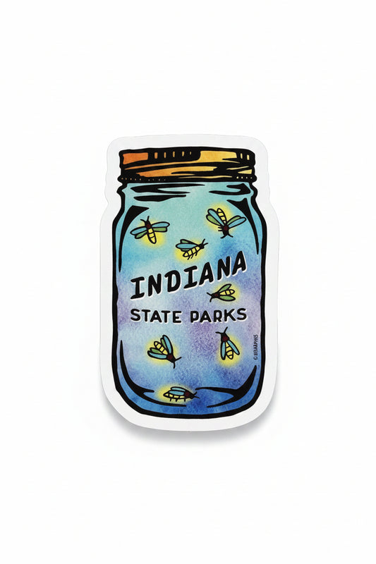Sticker of a jar of fireflies with 'Indiana State Parks' text