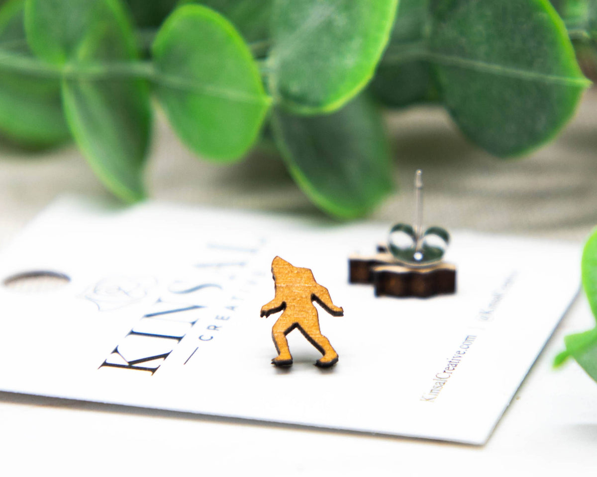 Big Foot Sasquatch Wood Stud Earrings