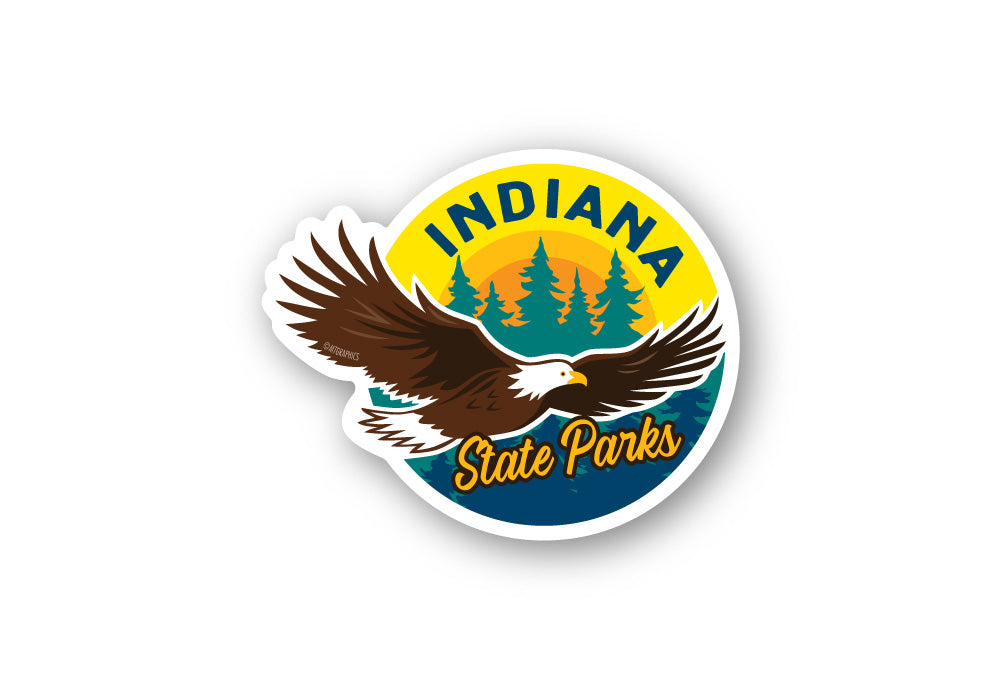 Sticker with 'Indiana State Parks' text and with an image of a soaring eagle and trees